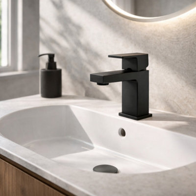 Home Range Black Mono Basin Mixer TapModern Square Design With Lever HandleDurable Brass Body For Bathroom Basins from B&Q