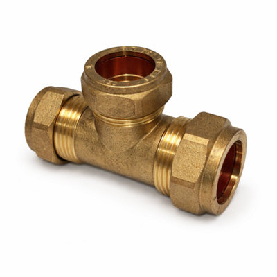 B&Q -  22mm X 22mm X 28mm Brass Compression Tee Reduced Plumbing Pipe Fitting For Copper Pipe Systems