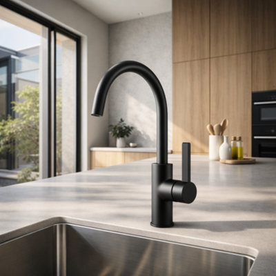 Home Range Black Jeroni Swan Spout Kitchen Mixer Tap - Single Lever Sink Mixer With Brass Body, Matt Finish & 360 Degrees Swivel Spout