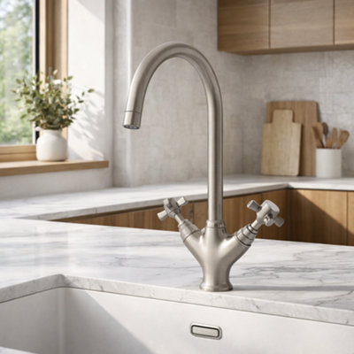 Home Range Sequel Brushed Nickel Kitchen Mixer TapDual Cross HandlesTraditional High Swivel Spout from B&Q