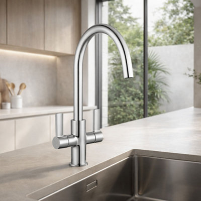 Home Range Scarba Chrome Kitchen Mixer Tap With Swan Spout And Dual Handles - Modern High Arc Design Large