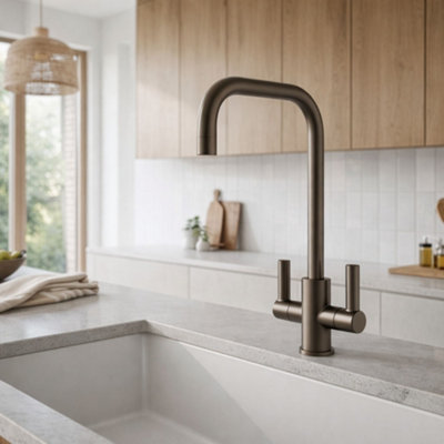 Home Range Jeroni Gunmetal Kitchen Mixer Tap With Horizontal Spout And Dual HandlesModern Design from B&Q