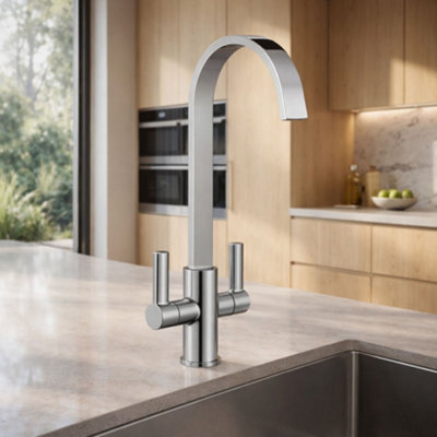 Home Range Jeroni Chrome Kitchen Mixer Tap With Swept Spout And Dual HandlesModern High Spout Design from B&Q