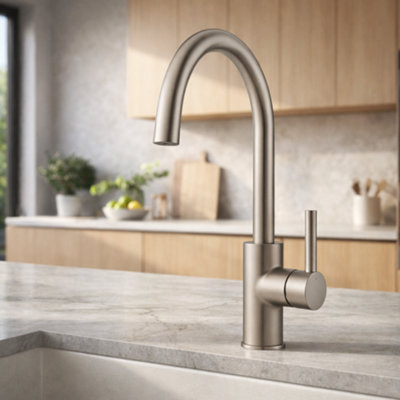 Home Range Scarba Swan Spout Single Lever Kitchen Mixer Tap - Brushed Nickel Modern High-Arc Design Large