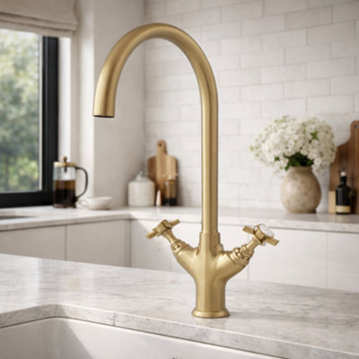 Home Range Sequel Traditional Kitchen Mixer Tap - Antique Brass, Dual Cross Handles, Swan Spout