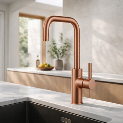 Home Range Jeroni Copper Kitchen Mixer Tap - Single Lever With Horizontal Swivel Spout For Hot & Cold Water