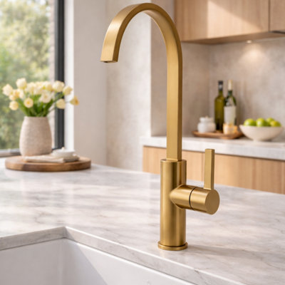 Home Range Jeroni Swept Spout Kitchen Mixer Tap Antique BrassSingle Lever ControlSolid Brass BuildModern Curved Design from B&Q