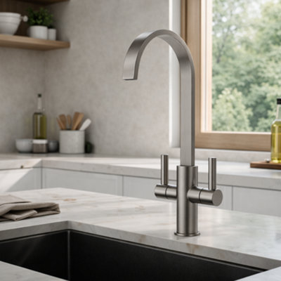 Home Range Carna Kitchen Mixer Tap Brushed Nickel Finish With Swept Spout & Twin HandlesDurable Brass ConstructionModern Look from B&Q