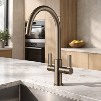 Home Range Scarba Swan Spout Kitchen Mixer Tap Gunmetal Dual Handle Solid Brass Construction Swivel Spout Modern Finish