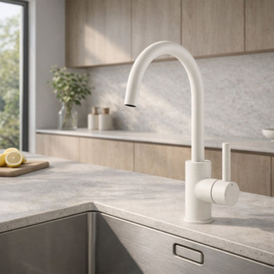 Home Range White Scarba Single Lever Swan Spout Kitchen Mixer Tap - Modern Curved Design For Smooth Water Flow & Easy Use