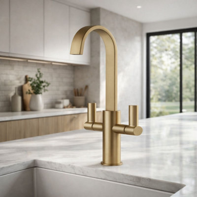 Home Range Carna Swept Spout Two Handle Kitchen Mixer Tap Antique Brass FinishDurable Brass BuildStylish Dual Control from B&Q