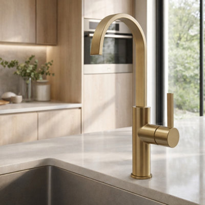 Home Range Carna Swept Spout One Handle Kitchen Mixer Tap Antique Brass FinishModern DesignDurable Brass BodyEasy Operation from B&Q