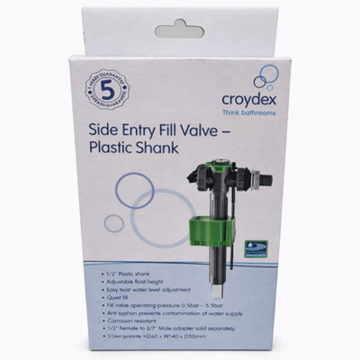 B&Q -  1/2" Side Entry Cistern Fill Valve Plastic Shank Adjustable Float Quiet Fill Toilet Inlet Valve