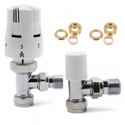 Home Range White 15/10Mm Angle Strata Thermostatic Radiator Valve Twin Pack Trv & Lockshield Set For Heating Systems Size 2