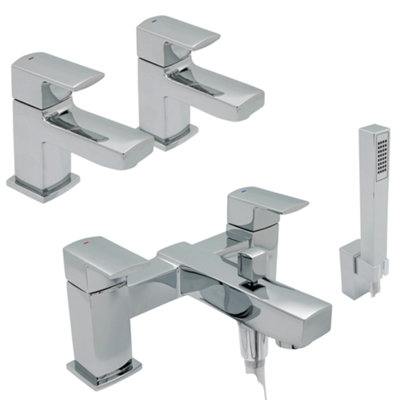 Home Range Clever Manta Basin Tap Pair & Bath Shower Mixer Set Chrome Brass Square Bathroom Tap Set 1/2" from B&Q