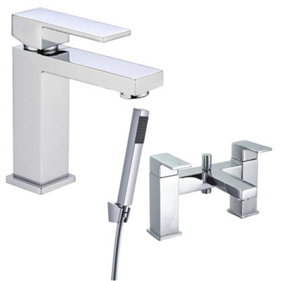 B&Q -  Basin Mixer Tap & Bath Shower Mixer Set Chrome Lever With Handset Hose Brass Moderna