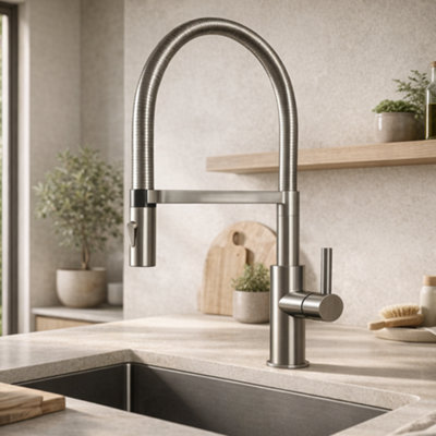 Home Range Soya Brushed Nickel Kitchen Mixer Tap With Pull-Out SpraySingle Lever For Easy Rinsing & Washing Up from B&Q