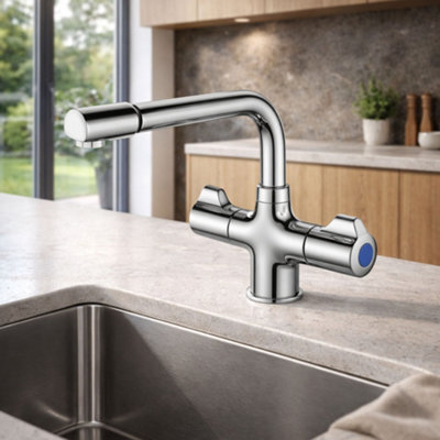 Home Range Dawson Chrome Twin Lever Kitchen Mixer TapDual Control Swivel Spout For Uk Kitchen Sinks from B&Q