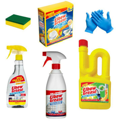 Elbow Bathroom Cleaning Set Including Drain Unblocker Mould & Stain Removal Toilet Tabs Antibacterial Spray Glove Sponge from B&Q