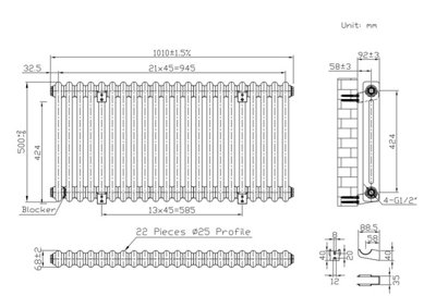 B&Q -  Horizontal 2 Column Radiator Metallic Silver 500mm X 1010mm808W (2754 Btu)