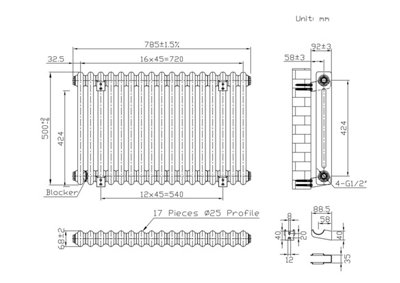 B&Q -  Horizontal 2-Column Radiator Metallic Copper 500mm X 785mmBs En 442 Certified