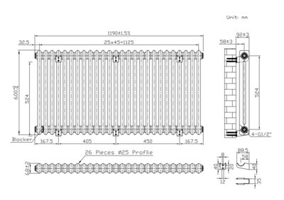B&Q -  Horizontal 2-Column Radiator Dune Grey600mm X 1190mmModel Lux 2Col-600-1190Dug