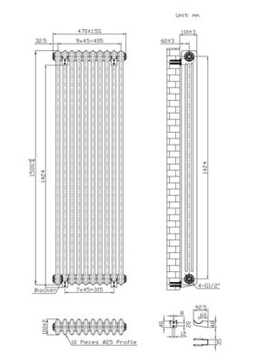 B&Q -  Vertical Coloured Column Radiator Metallic Silver 1500mm X 470mm 3-Column.