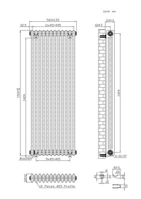 B&Q -  Vertical Coloured Column Radiator Metallic Copper 1500mm X 560mm 3-Column.
