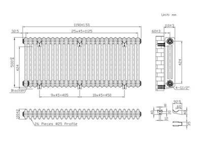 B&Q -  Horizontal 3 Column RadiatorMetallic Silver500mm X 1190mm
