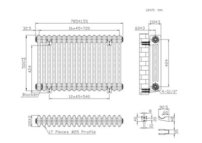 B&Q -  Horizontal 3 Column Radiator Metallic Copper 500mm X 785mm860W (2932 Btu).