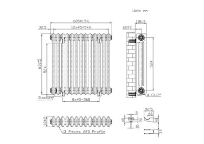 B&Q -  Horizontal 3-Column Radiator Metallic Copper 600mm X 605mmLux 3Col-600-605Mc