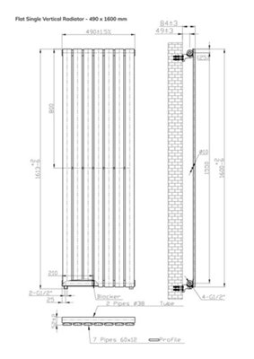 B&Q -  Flat Coloured Vertical Radiator Metallic Copper 1600mm X 490mm (Single)