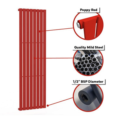 B&Q -  Flat Coloured Vertical Radiator Poppy Red 1600mm X 490mm Single.
