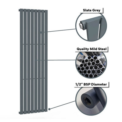 B&Q -  Flat Coloured Vertical Radiator Slate Grey 1600mm X 490mm Single.