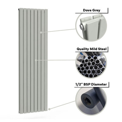 B&Q -  Flat Coloured Vertical Radiator Dove Grey 1600mm X 560mm Double Panel