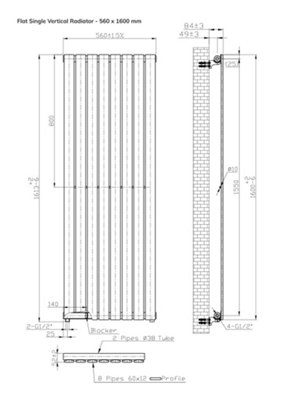 B&Q -  Flat Vertical Radiator Metallic Copper 1600mm X 560mm Single Panel896W.