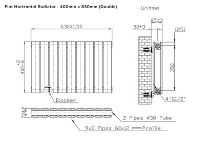 B&Q -  Flat Coloured Horizontal Radiator Pewter 400mm X 630mm Double Panel1845 BtuWall-Mounted