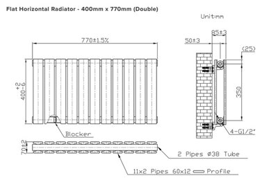 B&Q -  Flat Horizontal Radiator Pewter 400mm X 770mm Double Panel2255 BtuMild Steel.