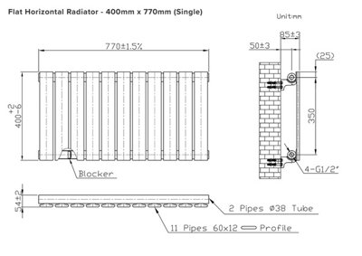 B&Q -  Flat Horizontal Radiator Pewter 400mm X 770mm Single Panel1280 BtuWall-Mounted