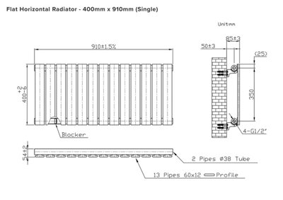 B&Q -  Flat Horizontal Radiator Pewter 400mm X 910mm Single Panel1512 BtuMild SteelWall-Mounted