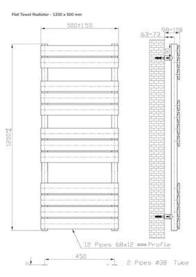 B&Q -  Flat Towel Radiator Pewter1200mm X 500mm575W (1963 Btu)