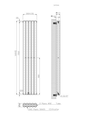 B&Q -  Oval Double Panel Vertical Radiator Pewter 1600mm X 300mmDesigner Wall-Mounted Radiator