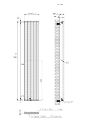 B&Q -  Oval Vertical Radiator Pewter 1600mm X 300mmSingle Panel Vertical Radiator