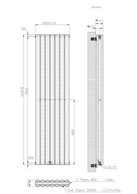 B&Q -  Oval Vertical Radiator Pewter 1600mm X 420mm SingleMild Steel696W (2374 Btu).