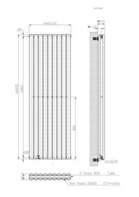 B&Q -  Oval Vertical Radiator Pewter 1600mm X 540mmDouble Panel1737W (5928 Btu)