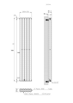 B&Q -  Oval Vertical Double Radiator Pewter 1800mm X 300mm1082W (3693 Btu)