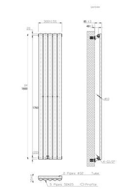 B&Q -  Oval Vertical Radiator Pewter 1800mm X 300mmSingle Panel Vertical Radiator