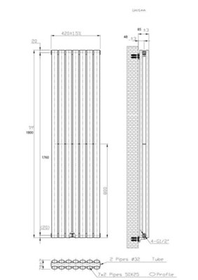 B&Q -  Oval Vertical Radiator Pewter 1800mm X 420mm Double Panel1515W (5170 Btu)