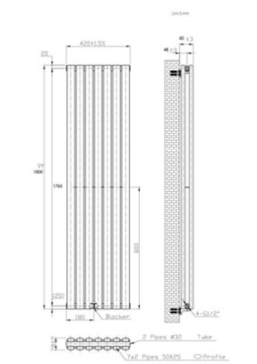 B&Q -  Oval Vertical Radiator Pewter 1800mm X 420mm SingleDesigner Wall-Mounted Radiator.