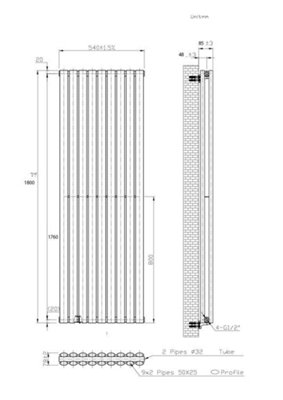 B&Q -  Oval Vertical Radiator Pewter 1800mm X 540mm Double Panel6647 Btu (1948W)